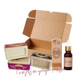 Set cadou cosmetice „Olivos Kantaron„ cu sapunuri naturale cu ulei de măsline (3 x 180 gr) + ulei cometic organic de sunătoare (20 ml)
