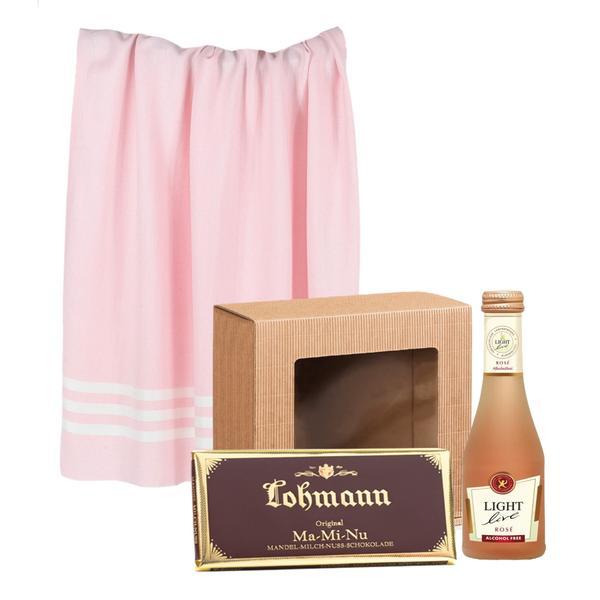 Cadou „Lohman„ cu prosop de plaja (90  x 180 cm) + vin miniatura (0,2 L) + ciocolata cu lapte (100 gr)