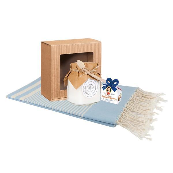 Set Cadou cu cosmetice naturale „Blue D’Organique” cu ulei nuca de cocos (300g) + ciocolata cu lapte (40g) + prosop de plaja/SPA/baie Hamam (100×180 cm) (100x180 imagine noua