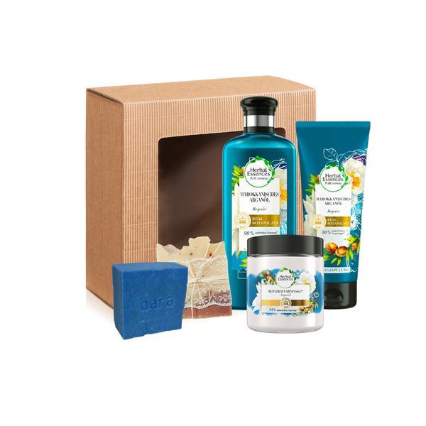 Set cadou cosmetice pentru par si corp „herbal essences„ cu sampon (250 ml) + balsam (200ml) + masca de par (250ml) + sapun natural (100g) + sapun flori de violete (140g)