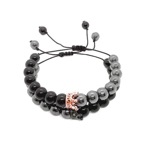 Set 2 bratari reglabile din onix si hematit cu pandantiv coroana