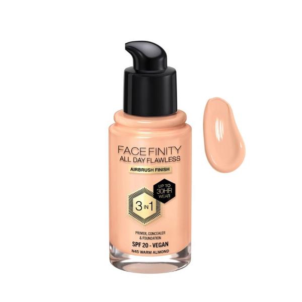 Fond de Ten 3 in 1- Max Factor Face Finity All Day Flawless 3 in 1 Foundation SPF 20, nuanta N45 Warm Almond, 30 ml