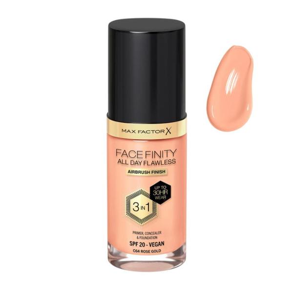 Fond de Ten 3 in 1 - Max Factor Facefinity All Day Flawless Airbrush Finish 3 in1 SPF 20 Vegan, nuanta C64 Rose Gold, 30 ml