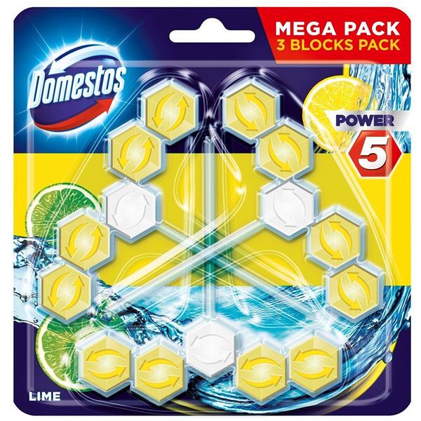 Odorizant pentru Toaleta cu Aroma de Lime – Domestos Power 5 Lime Mega Pack, 3x 55 g