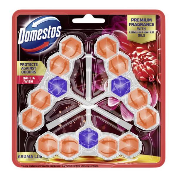 Odorizant pentru Toaleta cu Aroma de Dalie si Fructul Dragonului - Domestos Aroma Lux Dhalia Flower & Dragonfruit Mega Pack, 3 x 50 g