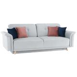Canapea extensibila cu tapiterie textil gri si perne roz albastru  Ariana