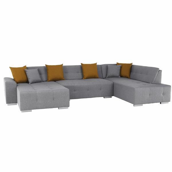 Canapea forma u cu tapiterie textil gri si perne galben mustar bellis 340x193x78 cm