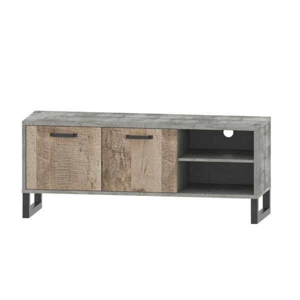 Comoda tv, din mdf maro stejar nisipiu gri, baria, 140x45x58 cm