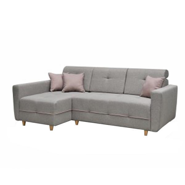 Coltar extensibil cu tapiterie textil gri si perne roz pudra stanga hakan 238x146x94 cm