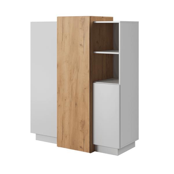 Comoda, 3 usi, din mdf alb si stejar craft auriu, trio, 110x45x134 cm