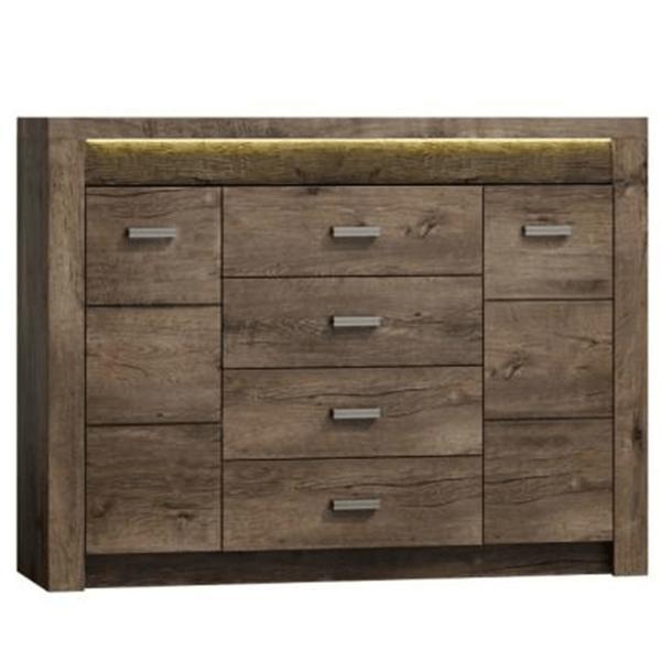Comoda, 2 usi, 4 sertare, din pal maro frasin inchis, infinity, 137x42x104 cm