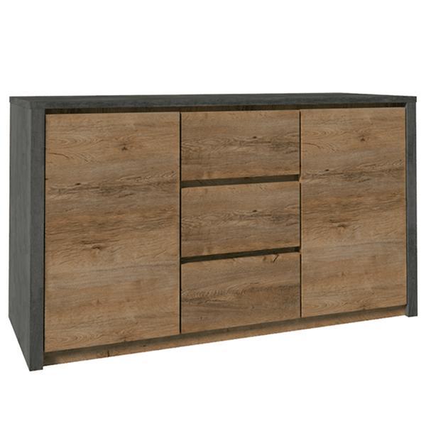 Comoda, 2 usi, 3 sertare, din pal stejar lefkas inchis gri, montana, 140x80x43 cm