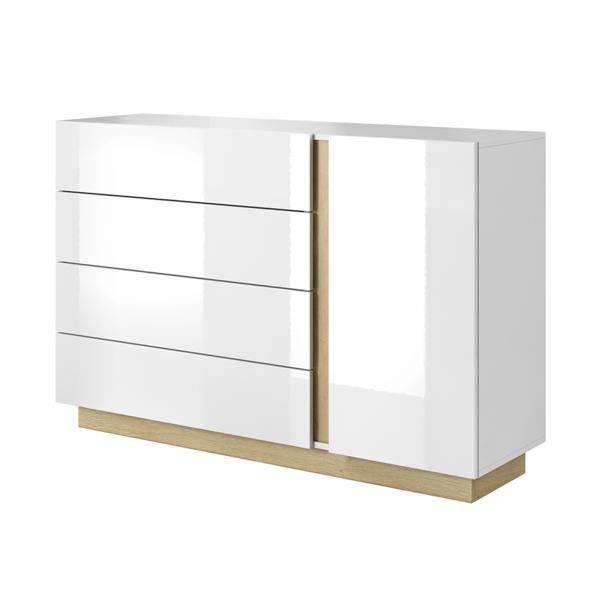 Comoda, 1 usa, 4 sertare, mdf alb stejar grand,son lucios alb, city, 138,2x40x90,5 cm