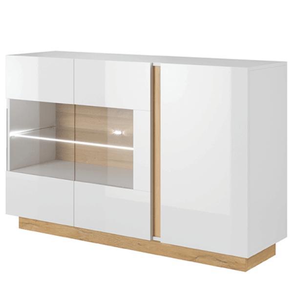 Comoda, cu sticla si pal stejar grandson alb lucios, city, 139x40x91 cm