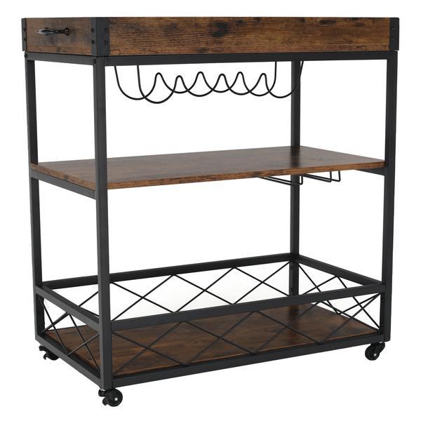 Carucior de servire din mdf maro stejar si metal negru sandro 80x46x88 cm