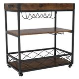 Carucior de servire din mdf maro stejar si metal negru Sandro 80x46x88 cm
