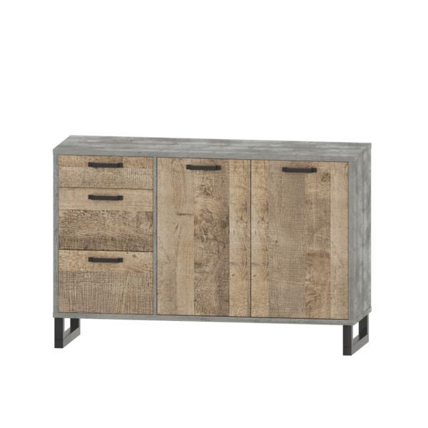 Comoda, 2 usi, 3 sertare, din mdf maro stejar nisipiu gri, baria, 139x45x92 cm
