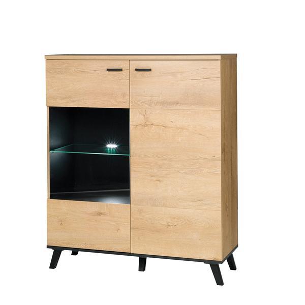 Comoda, 2 usi, 1 vitrina, din mdf stejar lefkas negru, siran, 101x40x121 cm