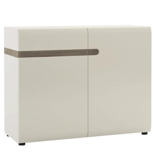 Comoda, 2 usi, 1 sertar, mdf alb lucios stejar sonoma truflu, lynatet, 109,5x42x86,5 cm