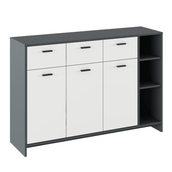 Comoda, 3 usi, 3 sertare, din pal gri alb, nepola, 135x38x92 cm