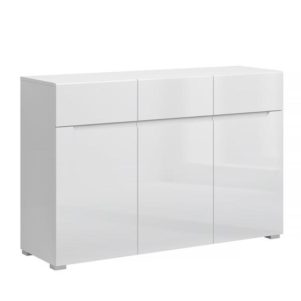 Comoda, 3 usi, 3 sertare, din mdf alb lucios, jolk, 135x42x89 cm