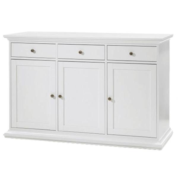 Comoda, 3 sertare, 3 usi, pal infoliat mdf lacuit alb paris, 144x46x92 cm