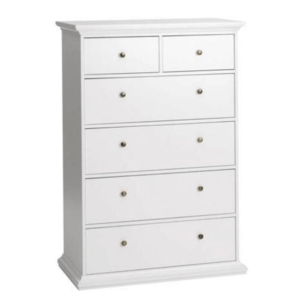 Comoda, 6 sertare din pal infoliat si mdf lacuit alb, paris, 96x49x140 cm
