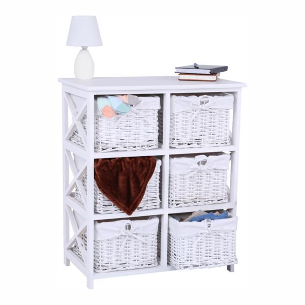 Comoda, din lemn cu 6 cosuri rachita si textil alb, rafaello, 64x37x76 cm