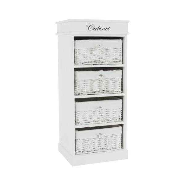 Comoda, din lemn cu 4 cosuri din rachita alb, blanco, 45x40x104 cm