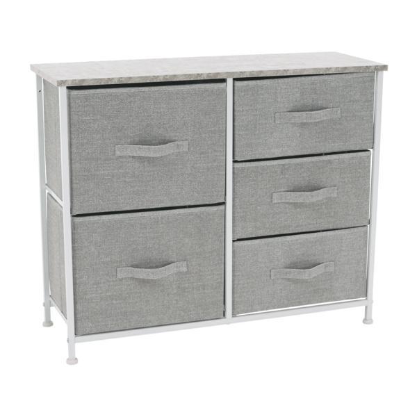 Comoda, cu 5 sertare din textil gri alb gri, rosita, 70x30x85 cm