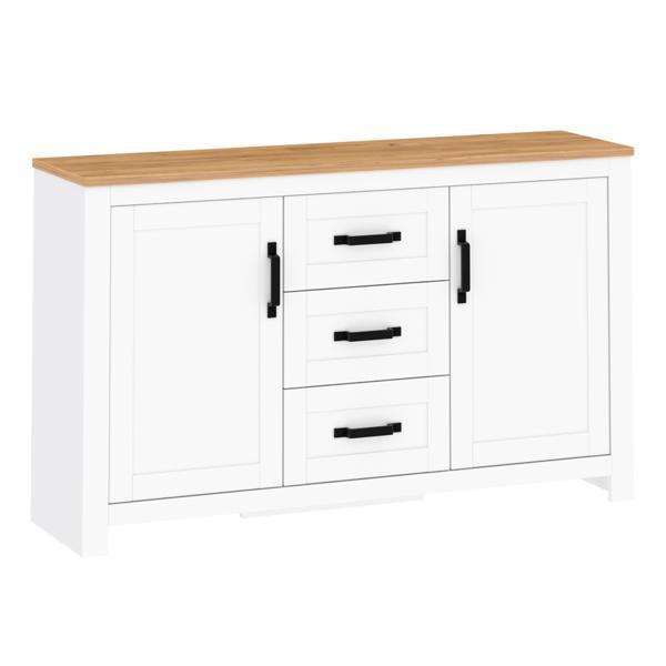 Comoda 2 usi 3 sertare mdf alb stejar craft auriu lanzette 150x40,7x89,9 cm