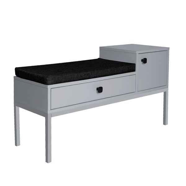 Banca cu spatiu de depozitare din mdf gri si perna textil negru madalen 90x30x49 cm