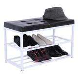 Banca cu 2 rafturi din metal alb si perna piele ecologica neagra LYROS 70x35x45 cm