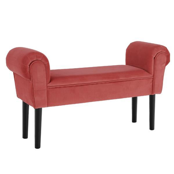 Banca cu tapiterie catifea roz somon si picioare lemn negru burda 100x30x56 cm