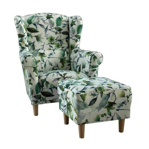 Fotoliu cu taburet tapiterie textil model frunze verzi astrid 86x72x105 cm