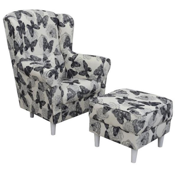 Fotoliu cu taburet tapiterie textil imprimeu fluturi astrid 86x72x105 cm