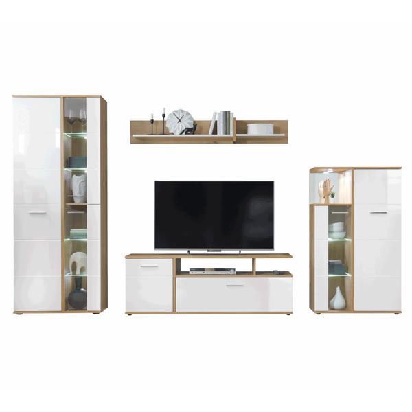 Set mobilier living mdf alb lucios stejar revel