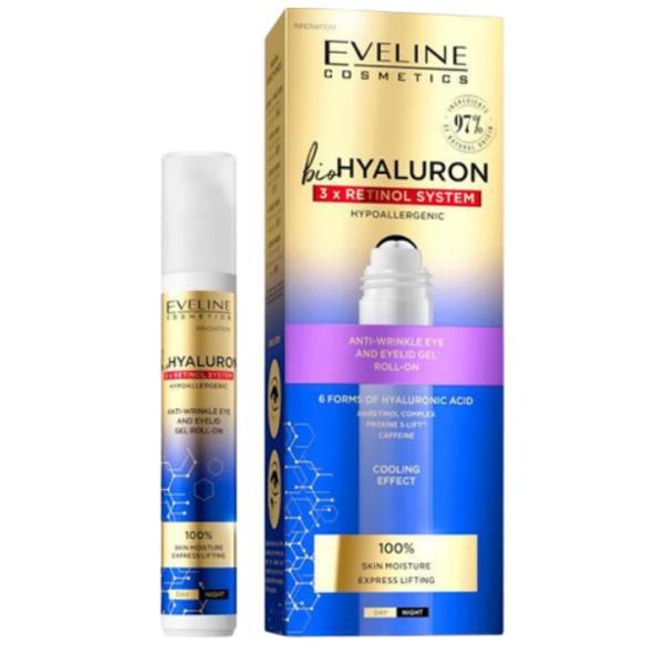 Gel anti-rid pentru ochi roll-on, Eveline Cosmetics, Bio Hyaluron 3x Retinol Sistem Cooling Effect, 15 ml anti-rid