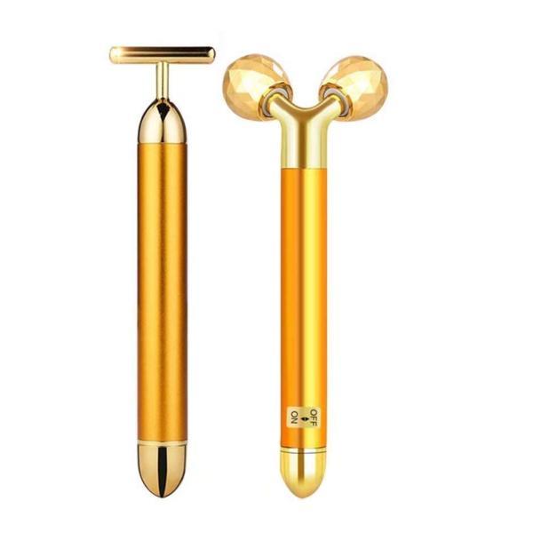 Set aparat de masaj facial 2 in 1 beauty bar 24k gold, 3d masaj electric pentru fata, cutie cadou