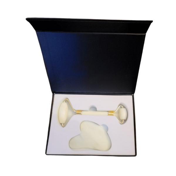 Set Facial Roller si Piatra Guasha pentru masaj facial, din marmura alba in Cutie Cadou/ Gift Box alba imagine teramed.ro