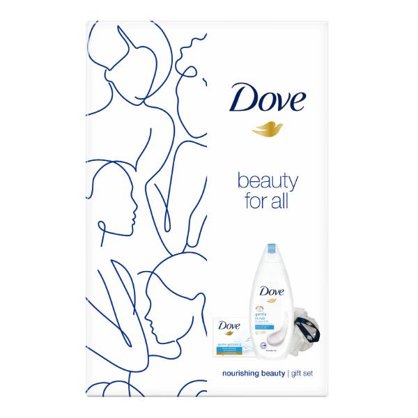 Set Cadou Exfoliant – Dove Beauty for All Nourishing Beauty Sapun Solid Exfoliant 100g + Gel de Dus Exfoliant 250ml + Burete de Baie Dove imagine noua