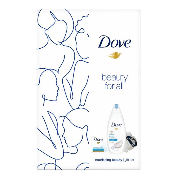 Set cadou exfoliant - dove beauty for all nourishing beauty sapun solid exfoliant 100g + gel de dus exfoliant 250ml + burete de baie