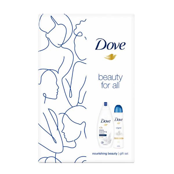 Set Cadou Hidratant - Dove Beauty for All Nourishing Beauty Gel de Dus 250ml + Deodorant Spray 150ml
