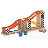 Jucărie Montessori lemn 2 în 1 Circuit de curse şi Banc lucru cu ciocan şi bile