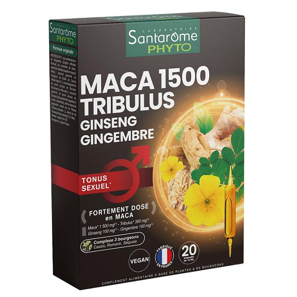 Supliment pentru Tonus Sexual - Santarome Bio Maca 1500 Tribulus Ginseng Gingembre Bio, 20 fiole