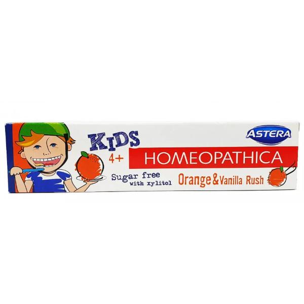 Pasta de Dinti Homeopatica cu Aroma de Portocala si Vanilie pentru Copii - Astera Kids Homeopathica Orange&Vanilla Rush 4+, 50 ml