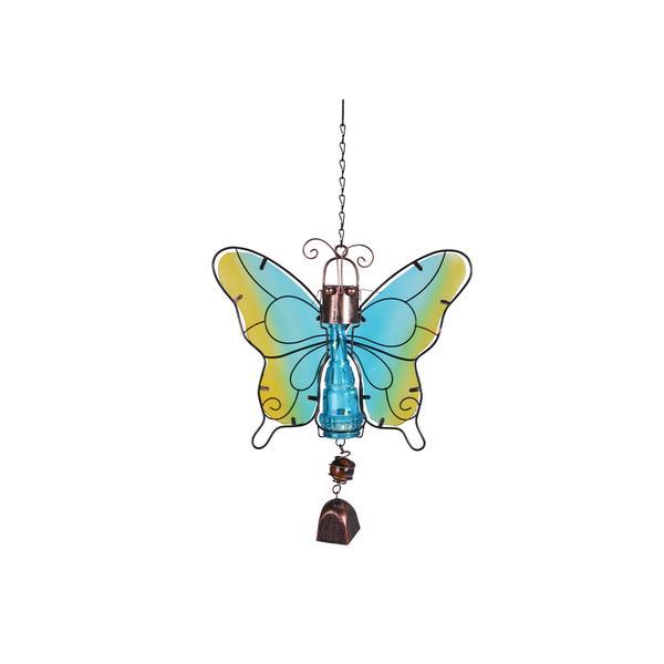 Decoratiune de gradina Butterfly cu lampa solara Led si clopotel, Albastru/Galben