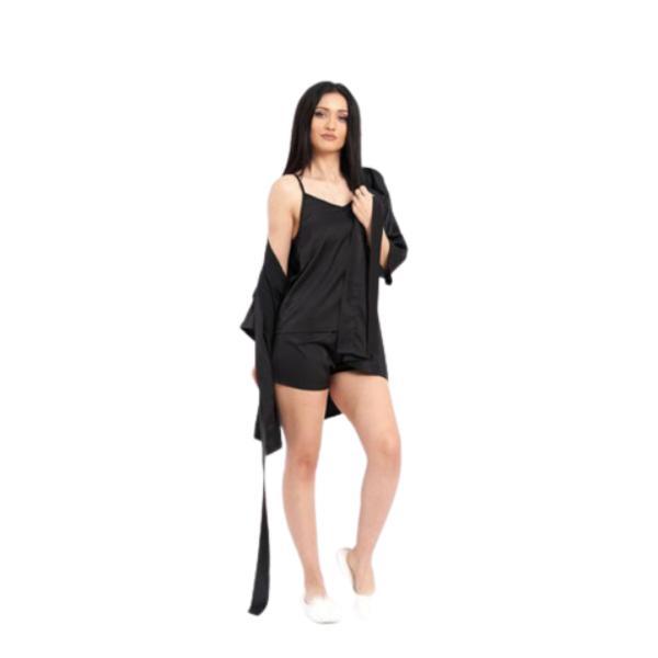 Set halat si pijama din satin de matase negru marime m