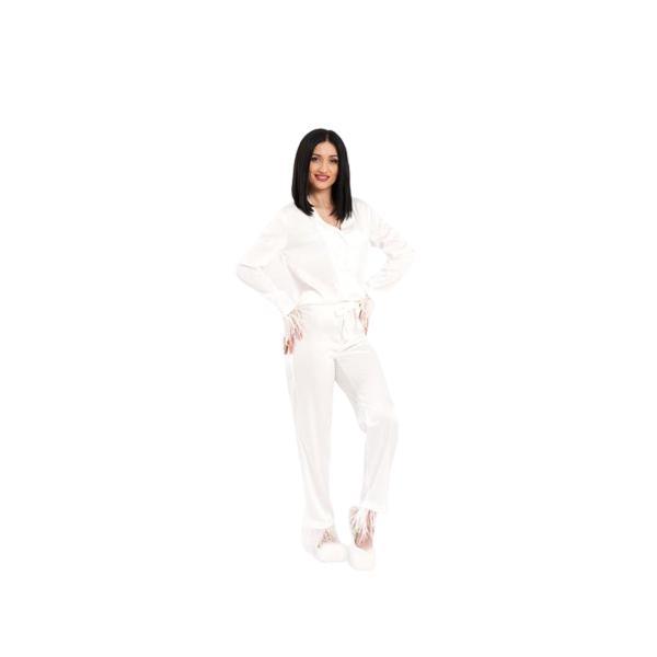 Pijama alba din satin de matase cu pene de strut l