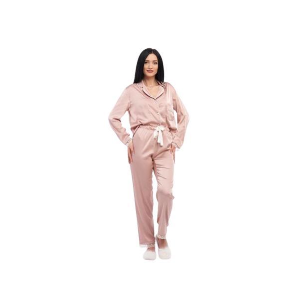 Pijama roz champagne din satin de matase cu dantela xs